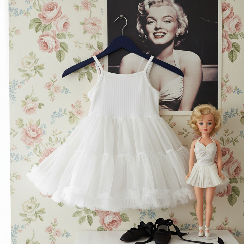 White dress on a hanger with a doll wearing the same dress against a floral wallpaper background.
