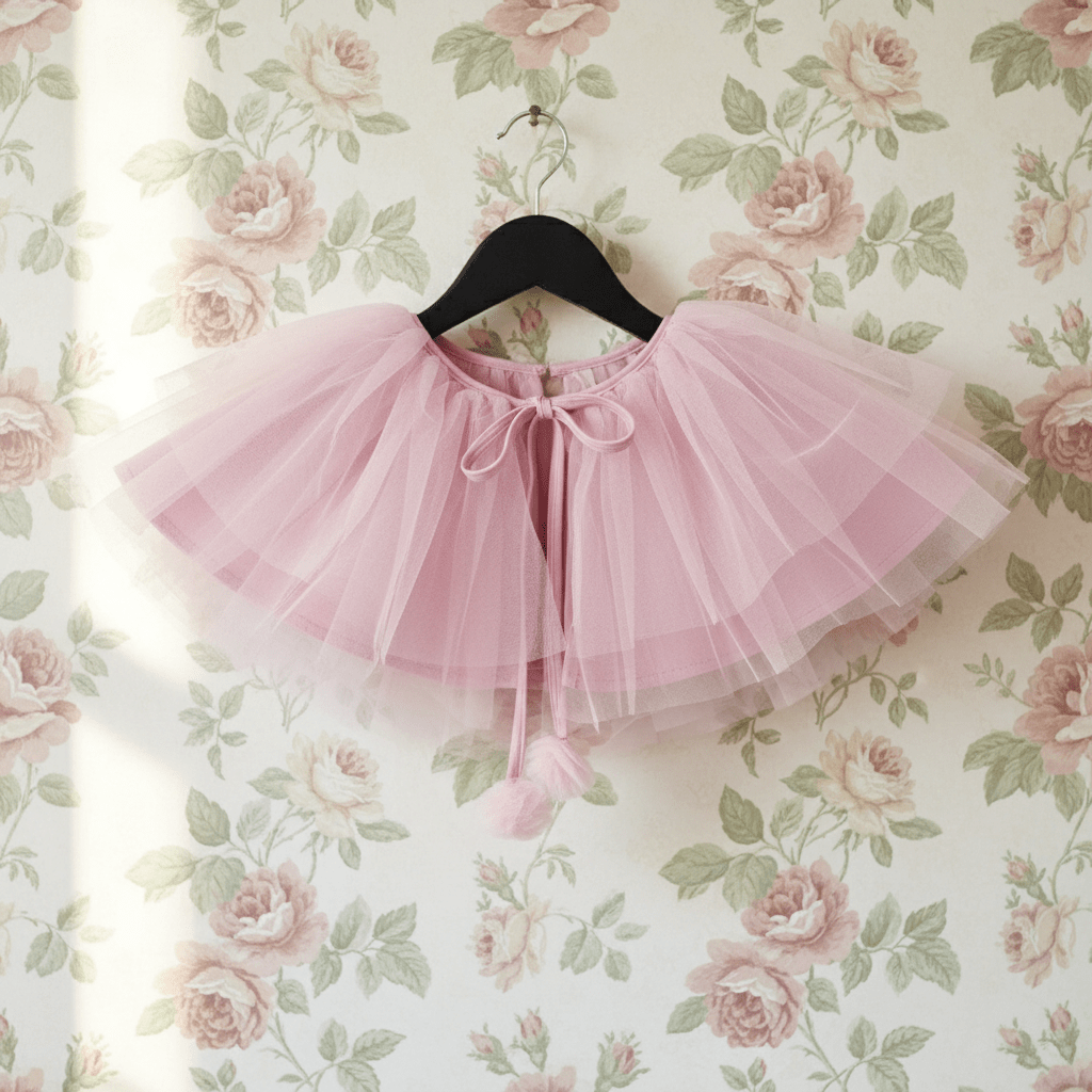 Pink tutu skirt on a hanger against a floral wallpaper background