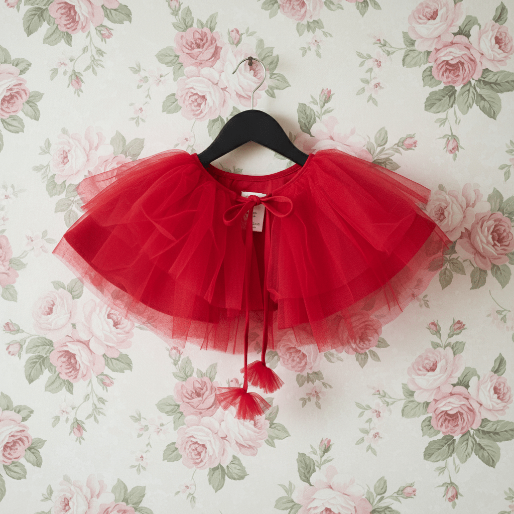 Red tulle skirt on a hanger against a floral wallpaper background