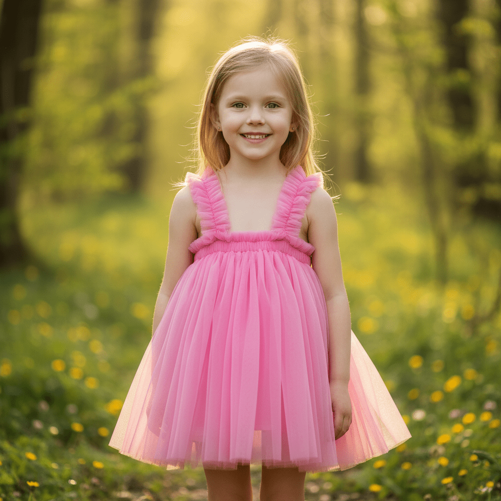 Young girl in a pink dress standing in a forest with sunlight filtering through the trees.