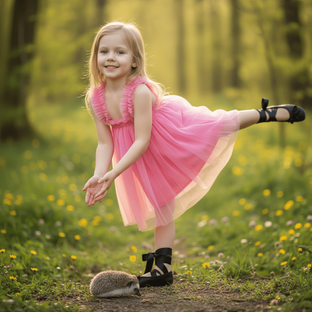 Young girl in a pink dress standing in a grassy field with a hedgehog on the ground.