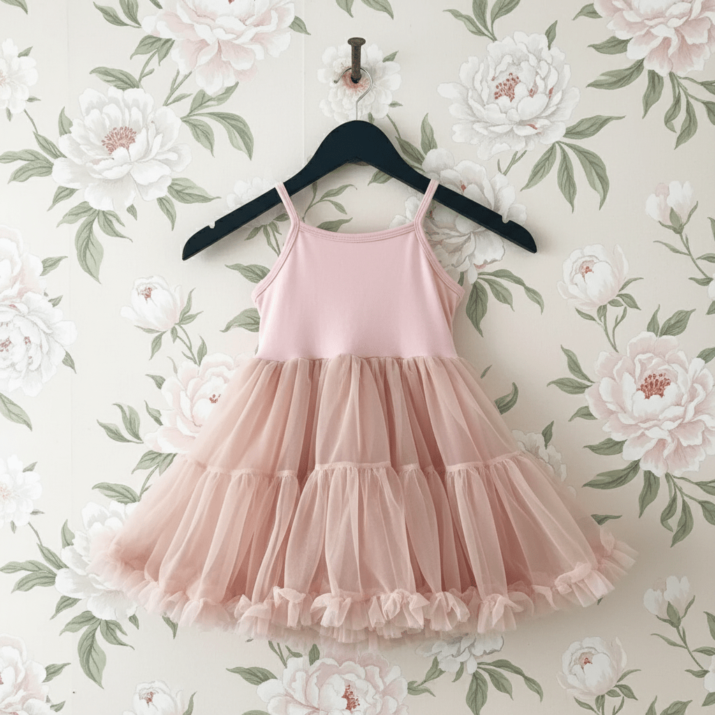 Pink dress on a hanger against a floral wallpaper background