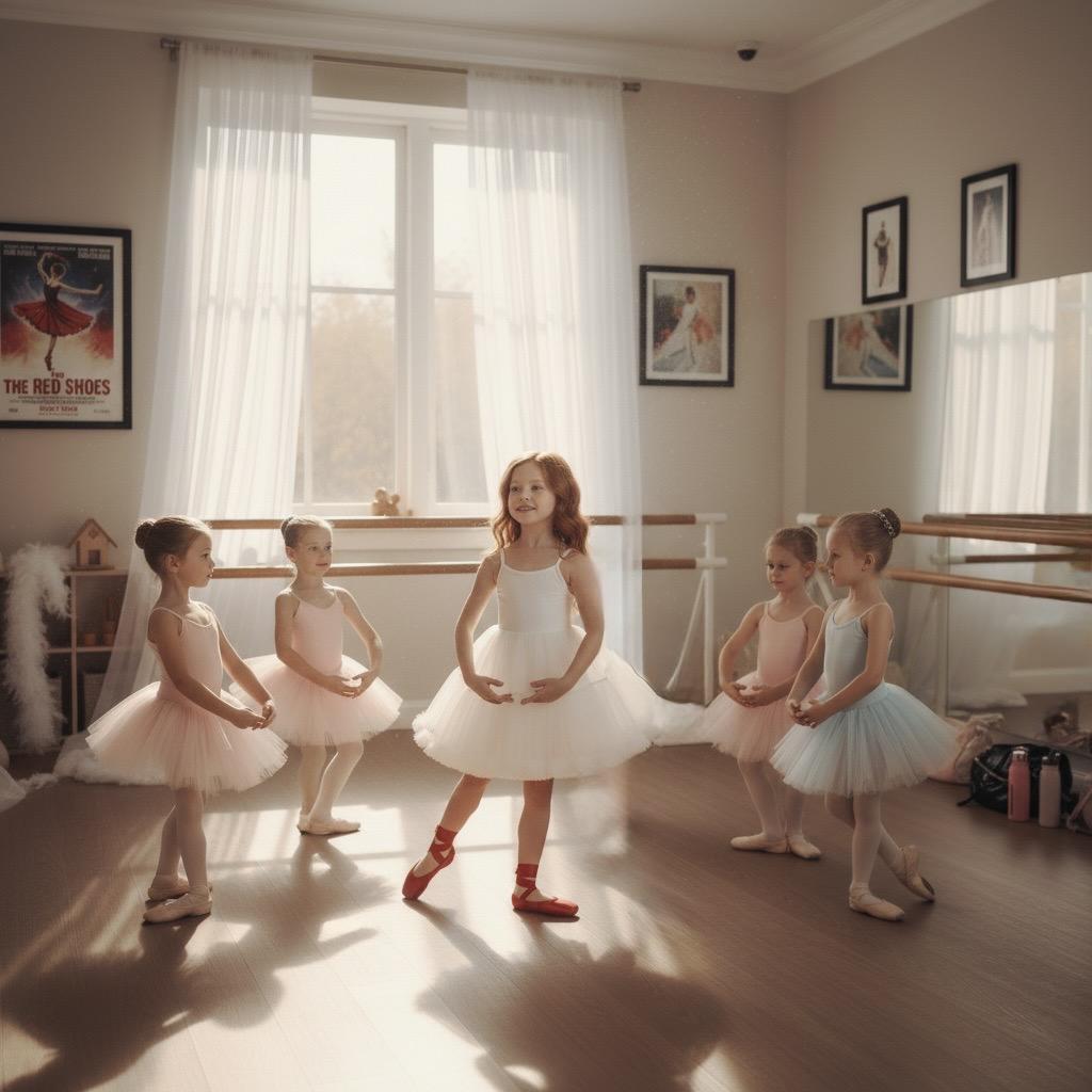 Group of young ballet dancers in a classroom with large windows.