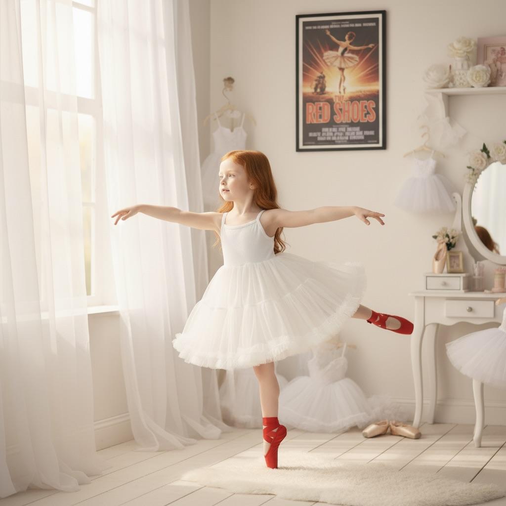 Young girl in a white ballet outfit practicing in a room with ballet-themed decor.