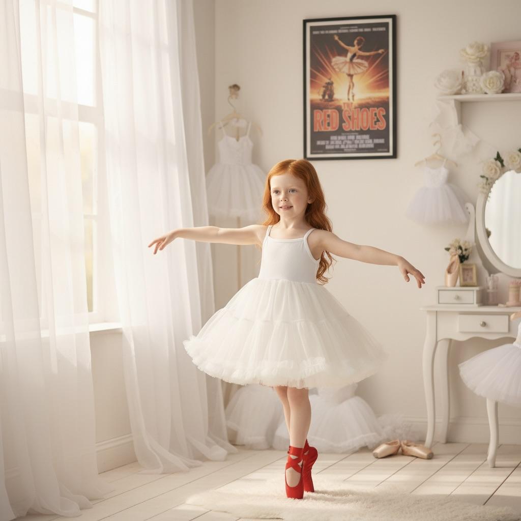 Young girl in a white ballet dress posing in a room with ballet-themed decor.