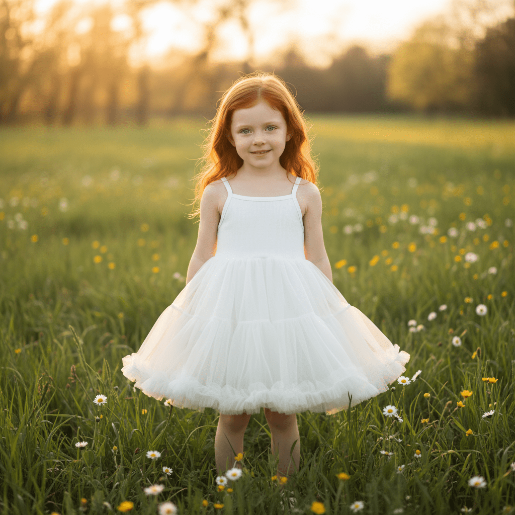 Young girl in a white dress standing in a field of flowers at sunset.