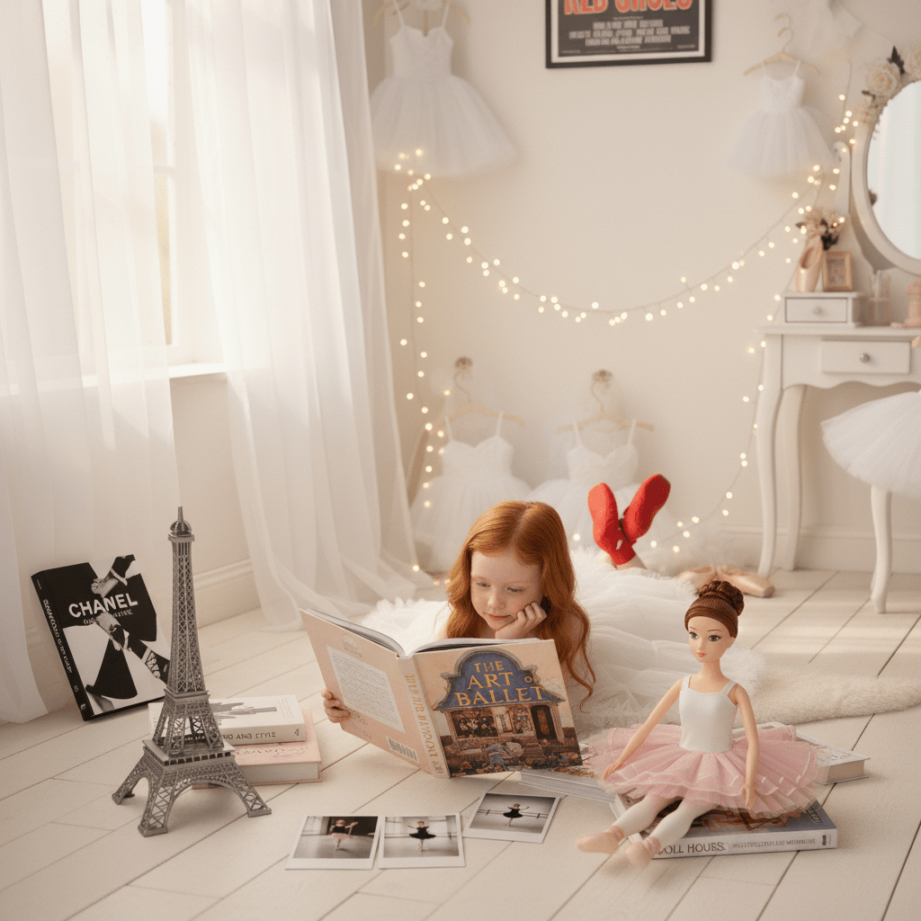Child reading a book about ballet with a doll on a white floor.