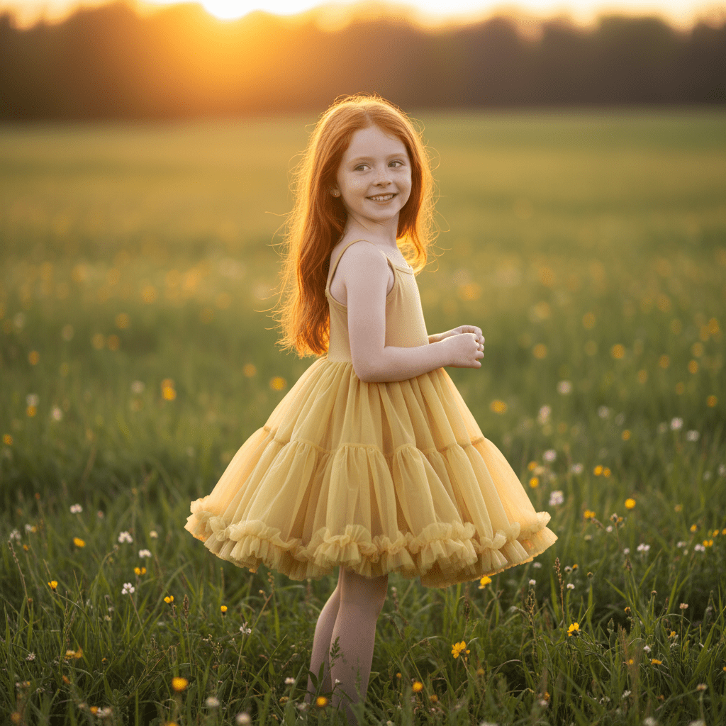 Young girl in a yellow dress standing in a field at sunset