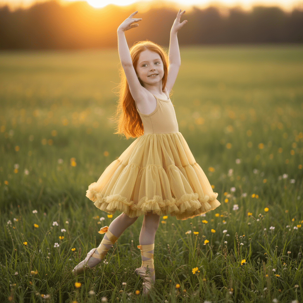 Young girl in a yellow dress dancing in a field at sunset