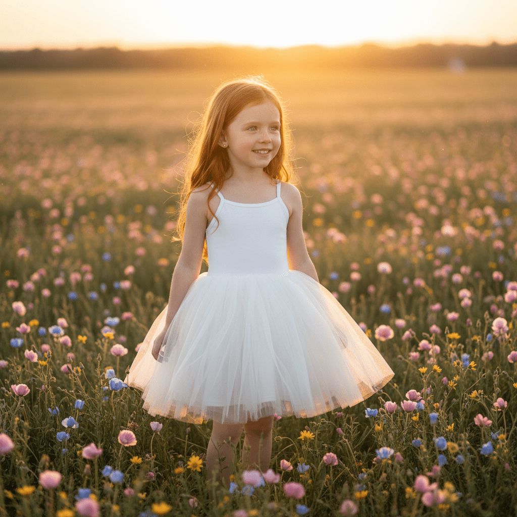 Young girl in a white dress standing in a field of flowers at sunset