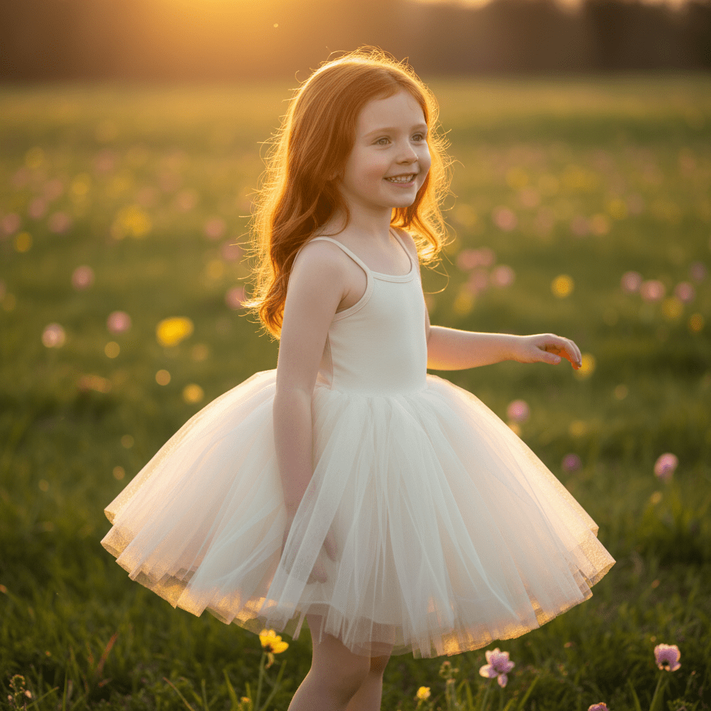 Young girl in a white dress standing in a field of flowers at sunset