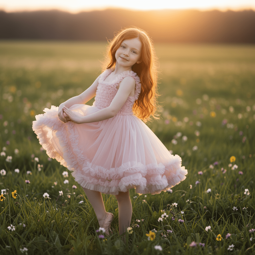 Young girl in a pink dress standing in a field of flowers at sunset