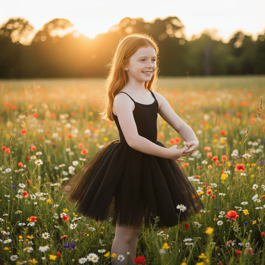 Young girl in a black dress standing in a field of wildflowers at sunset.