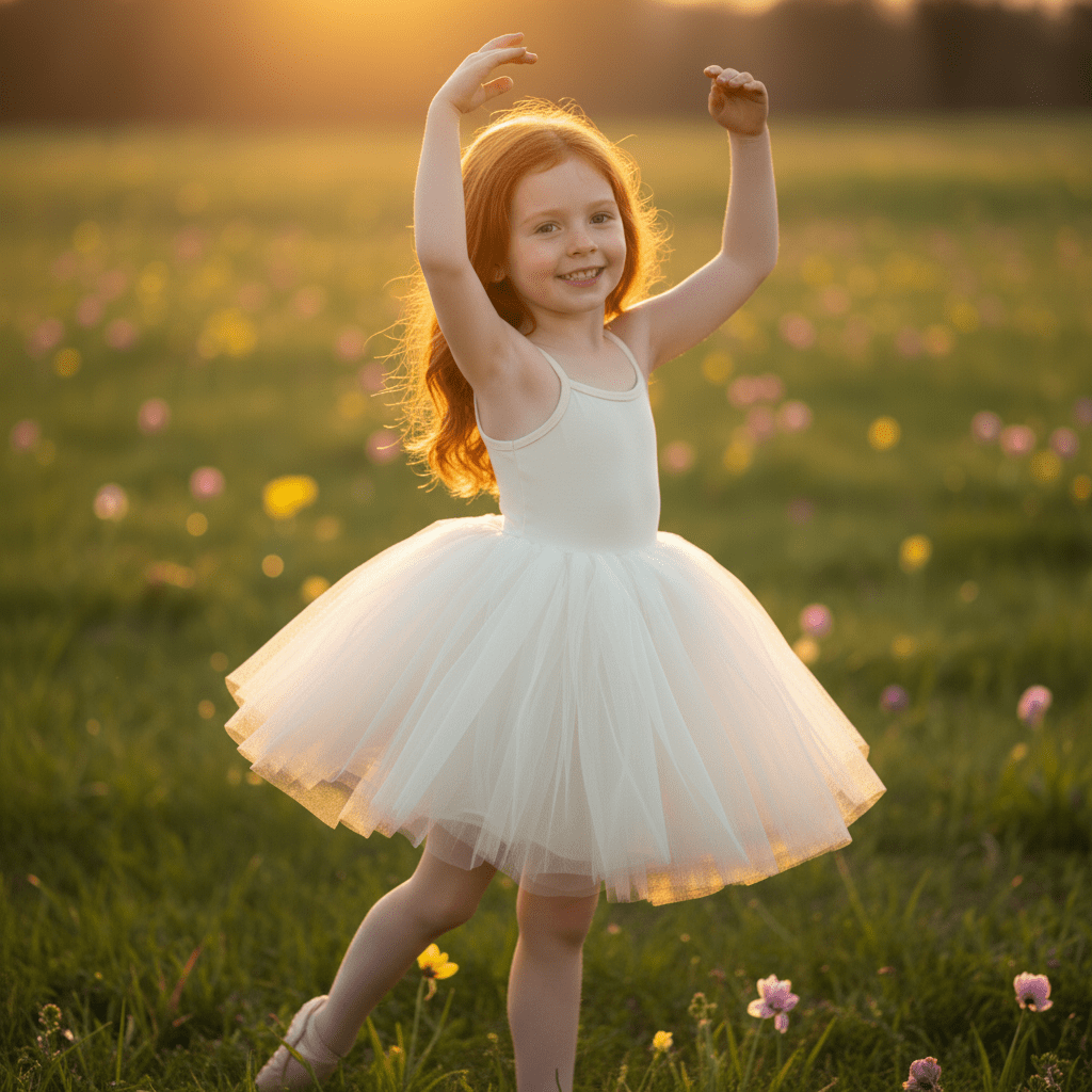 Young girl in a white dress dancing in a field of flowers at sunset