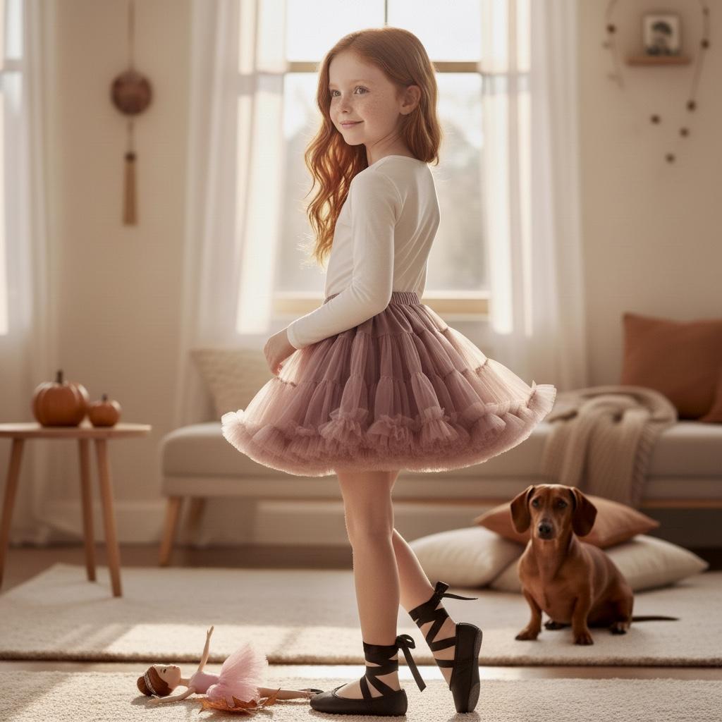 Young girl in a pink skirt standing in a cozy living room with a dog.