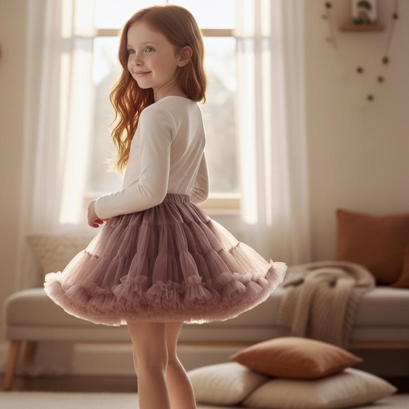 Young girl in a white sweater and pink tutu standing in a softly lit room.