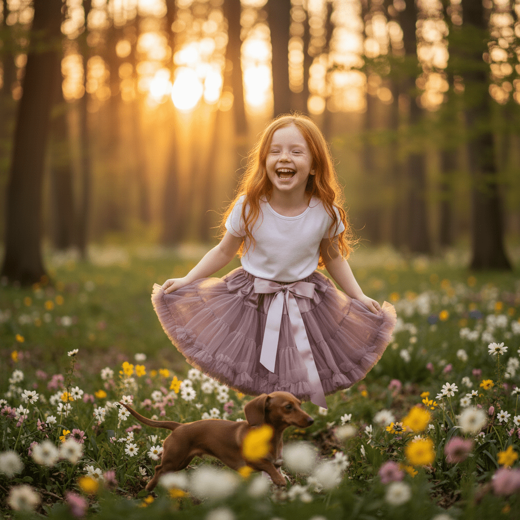 Young girl in a pink skirt and white shirt standing in a field of flowers with a small dog at sunset.