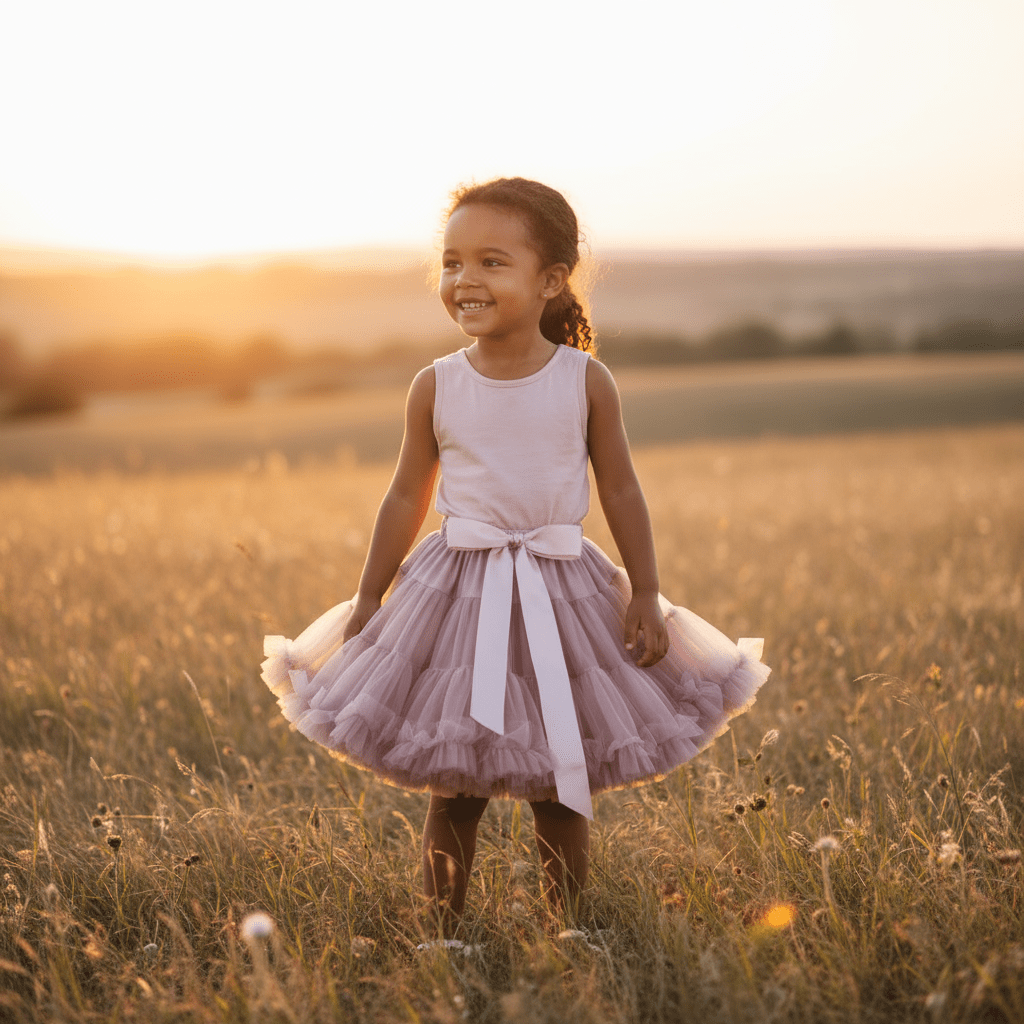 Young girl in a pink dress standing in a field at sunset