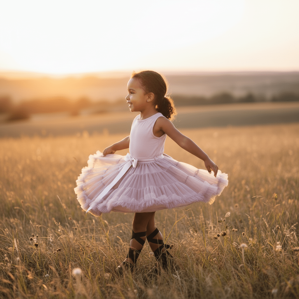 Young girl in a white dress standing in a field at sunset