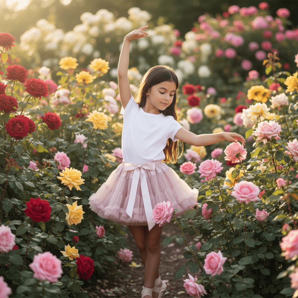 Young girl in a white shirt and pink tutu standing among colorful flowers