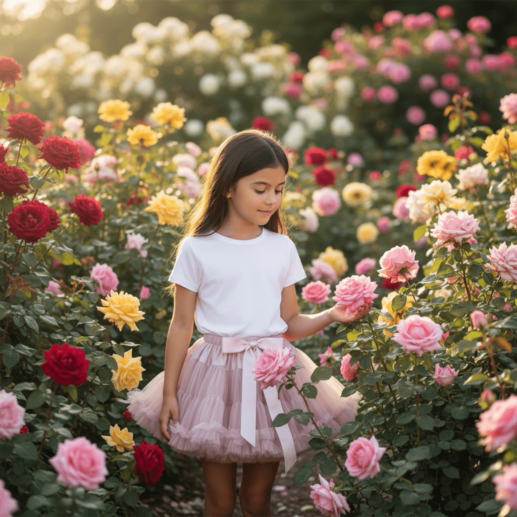 Young girl in a white shirt and pink skirt standing among colorful roses in a garden.