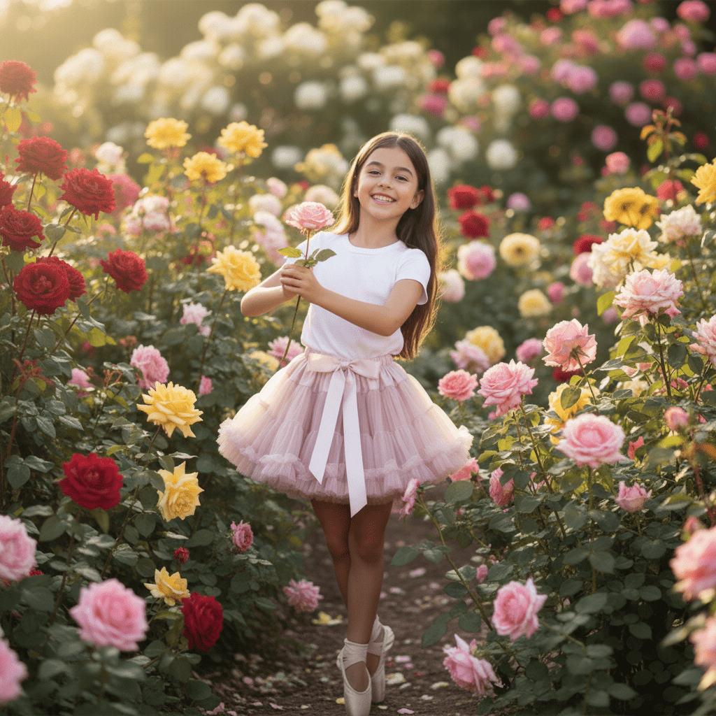 Young girl in a white shirt and pink skirt standing among colorful flowers in a garden.