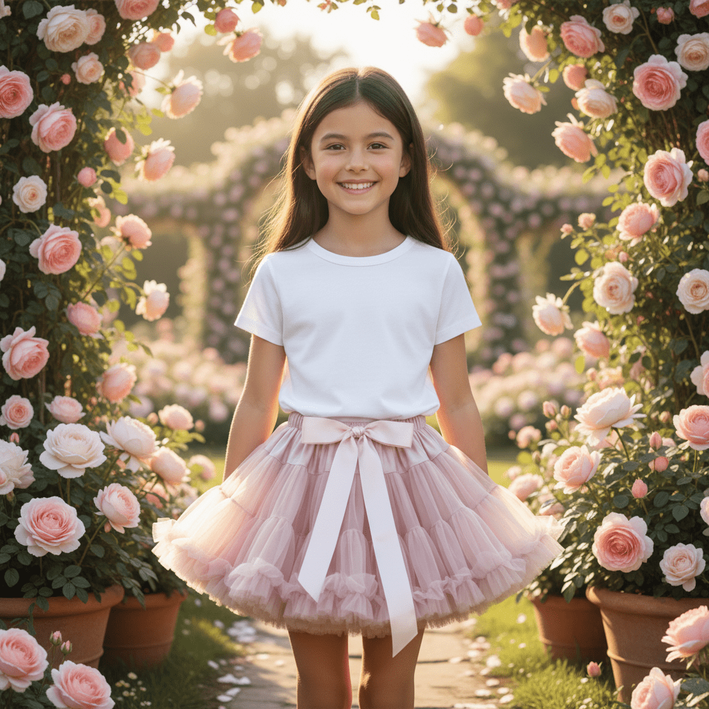 Young girl in a white shirt and pink skirt standing among pink roses.