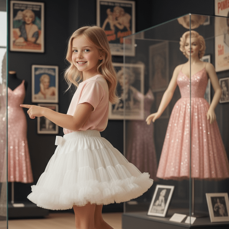 Young girl in a pink dress pointing at a display case with a vintage dress.