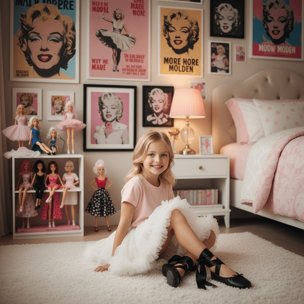 Young girl in a bedroom with vintage-style decor, including posters and dolls.