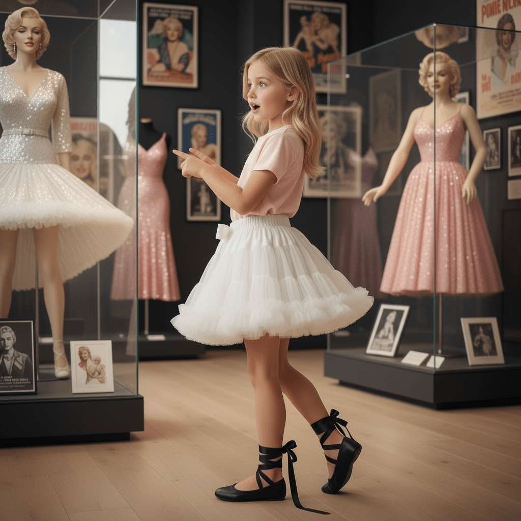 Young girl in a white dress pointing at mannequins in a museum-like setting with vintage dresses and posters.