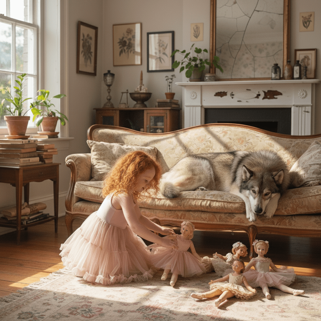 Young girl with dolls interacting with a wolf on a sofa in a cozy living room.