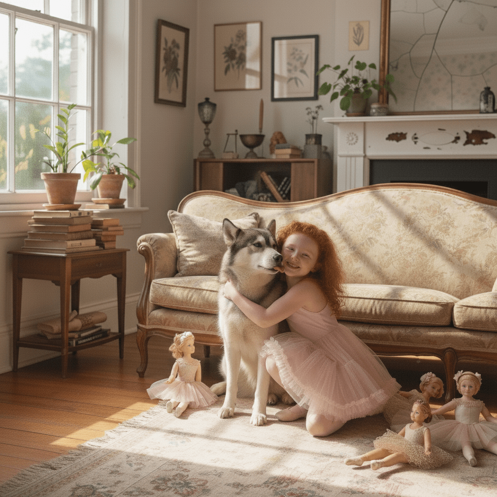 Woman in a pink dress hugging a dog on a patterned rug with dolls around, in a room with a fireplace and books.