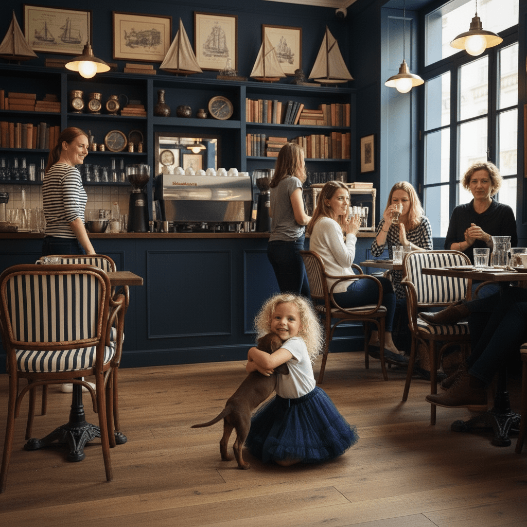 People sitting at tables in a cozy café with a child and dog in the foreground.