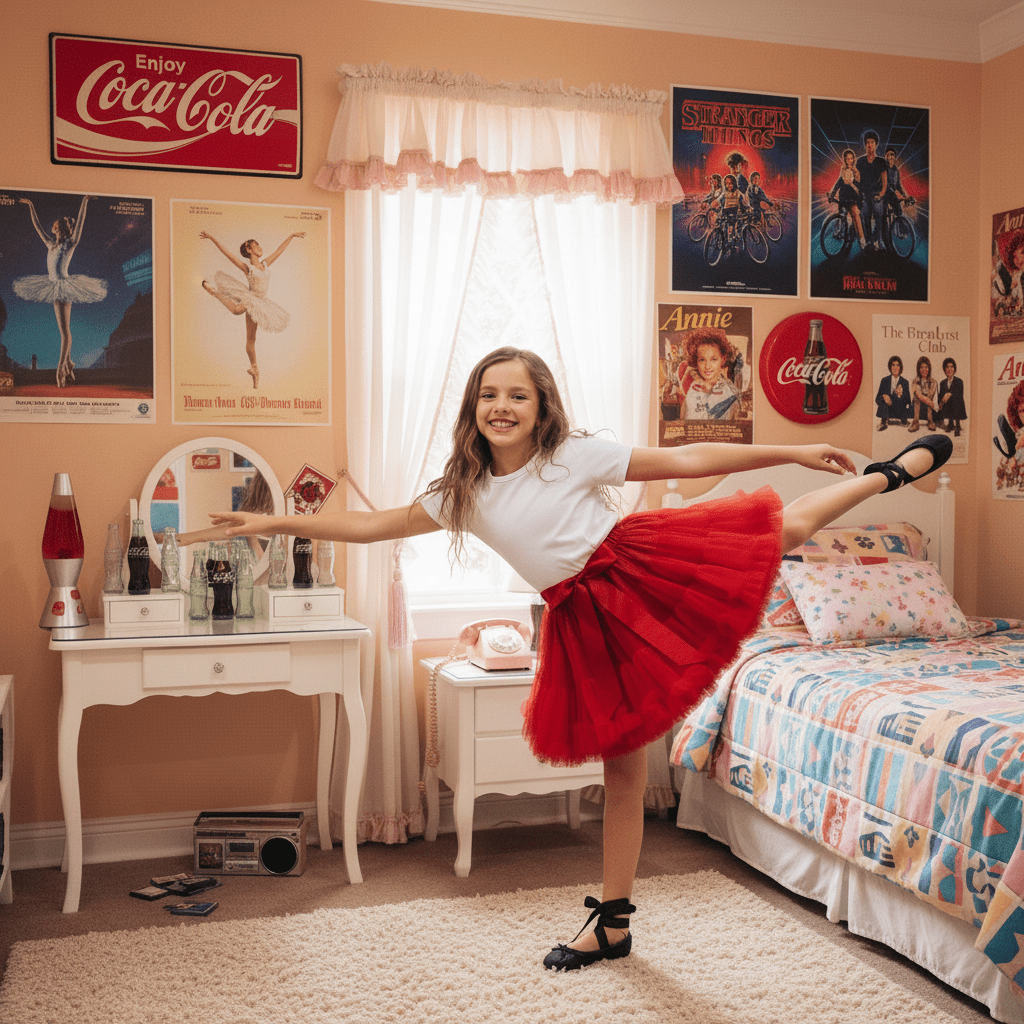 Young girl in a red skirt and white top posing in a bedroom with vintage decor.
