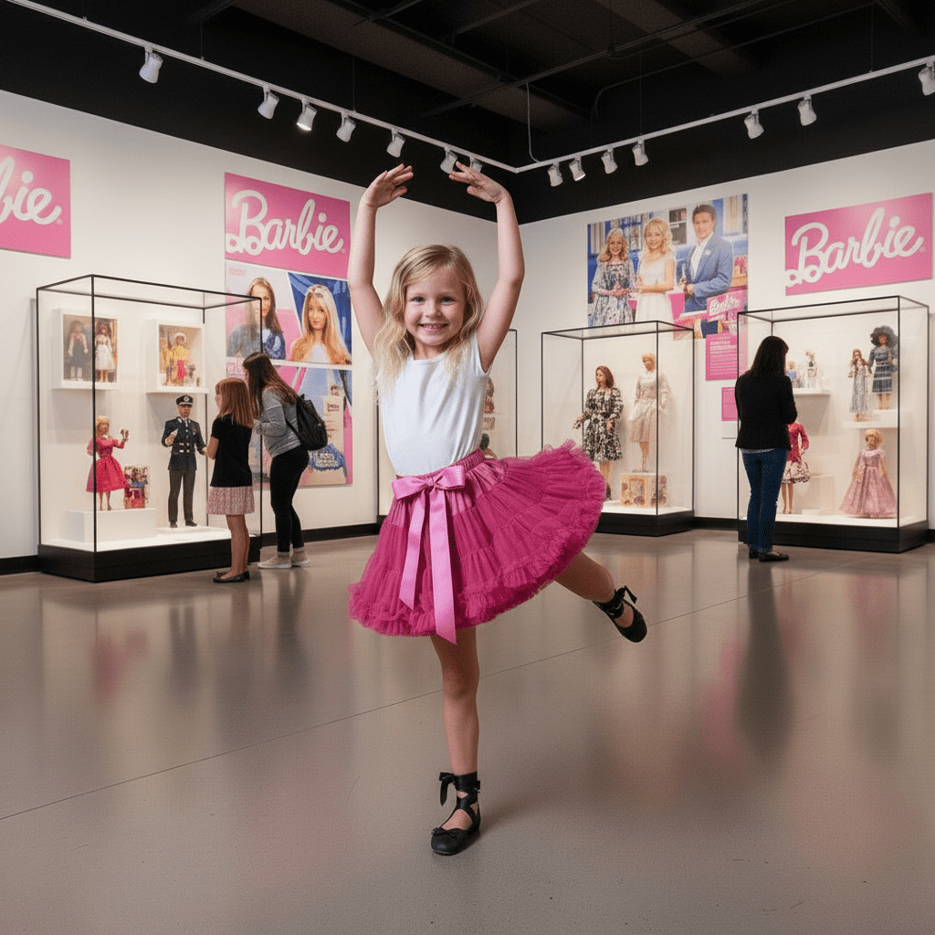Young girl in a pink skirt posing in front of Barbie display cases at a museum.
