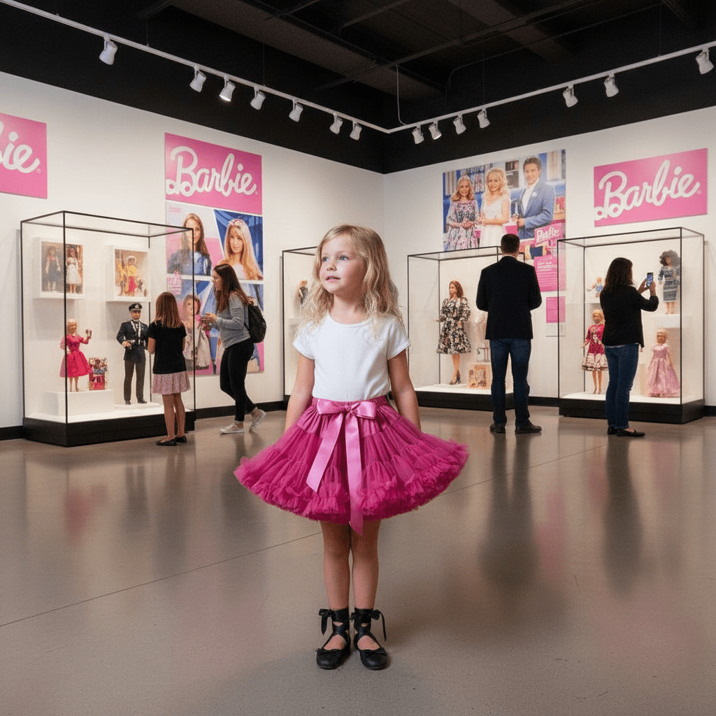 Young girl in a pink skirt standing in front of Barbie display cases and posters.