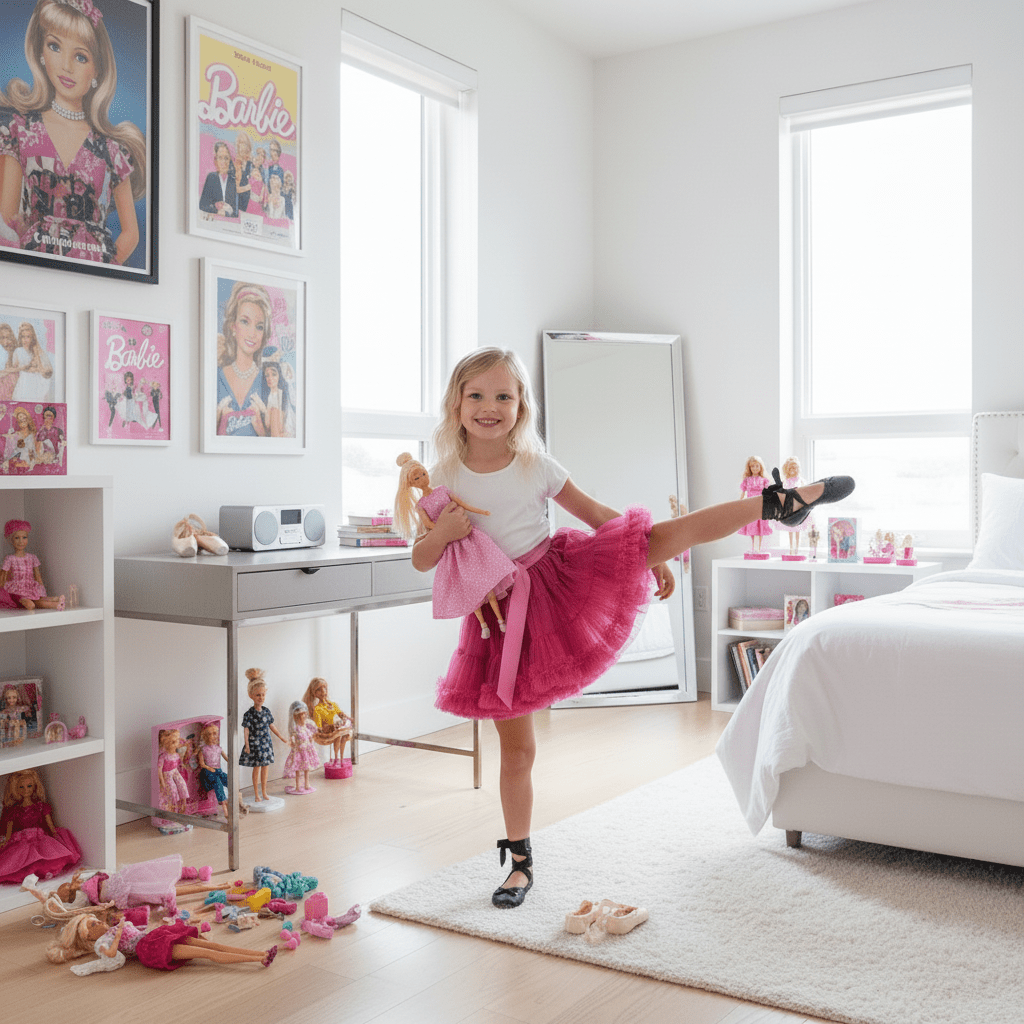 Young girl in a pink tutu playing with dolls in a bedroom filled with Barbie dolls and furniture.