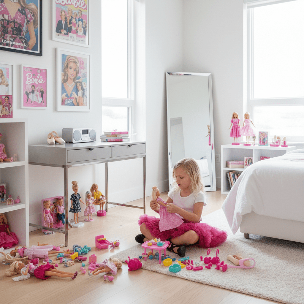 Child playing with dolls in a room filled with toys and Barbie-themed decor.