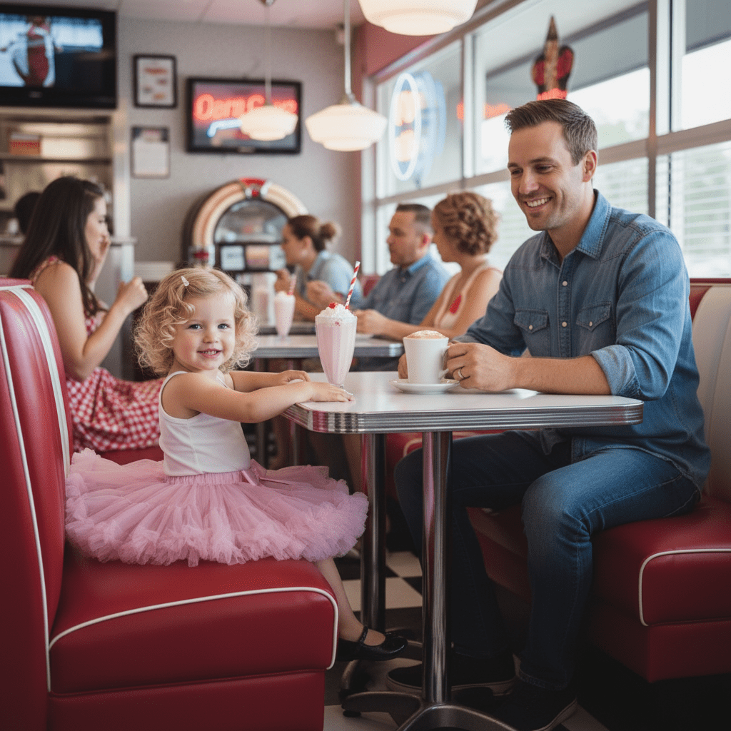 Man and child sitting at a diner table with drinks, surrounded by other patrons.
