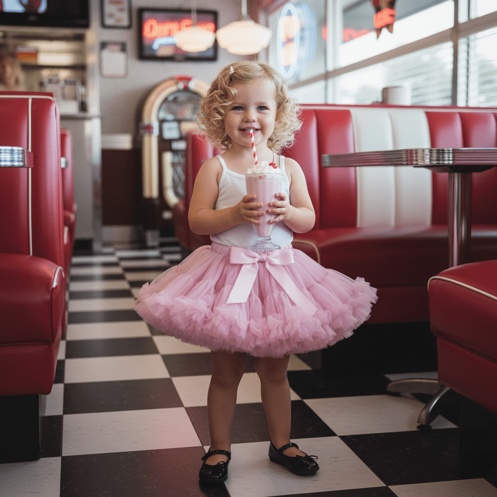 Young girl in a pink tutu dress standing in a diner with red booths and checkered floor.