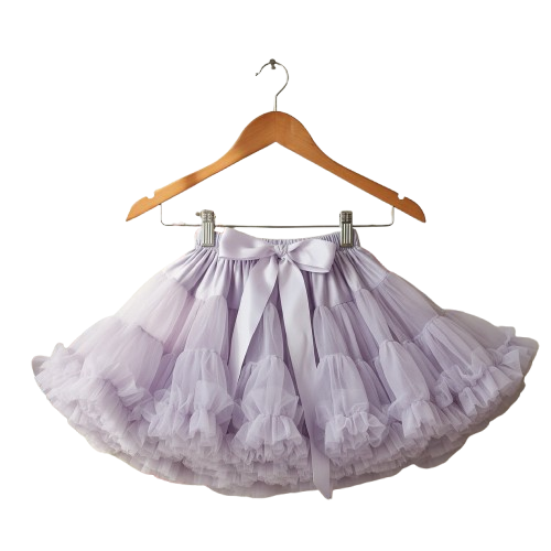 Lavender tutu skirt with a bow on a wooden hanger against a white background