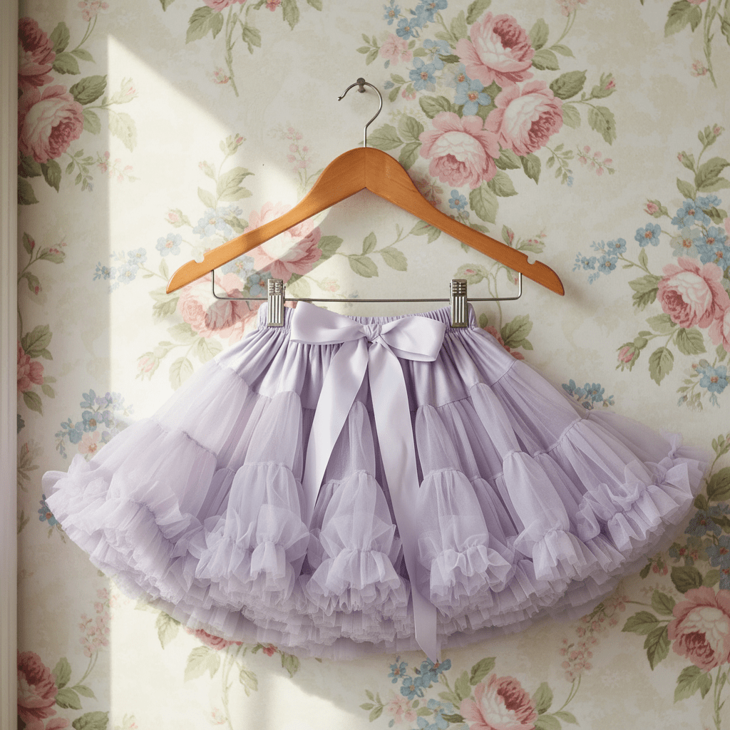 Lavender tulle skirt with a white bow on a wooden hanger against a floral wallpaper background.