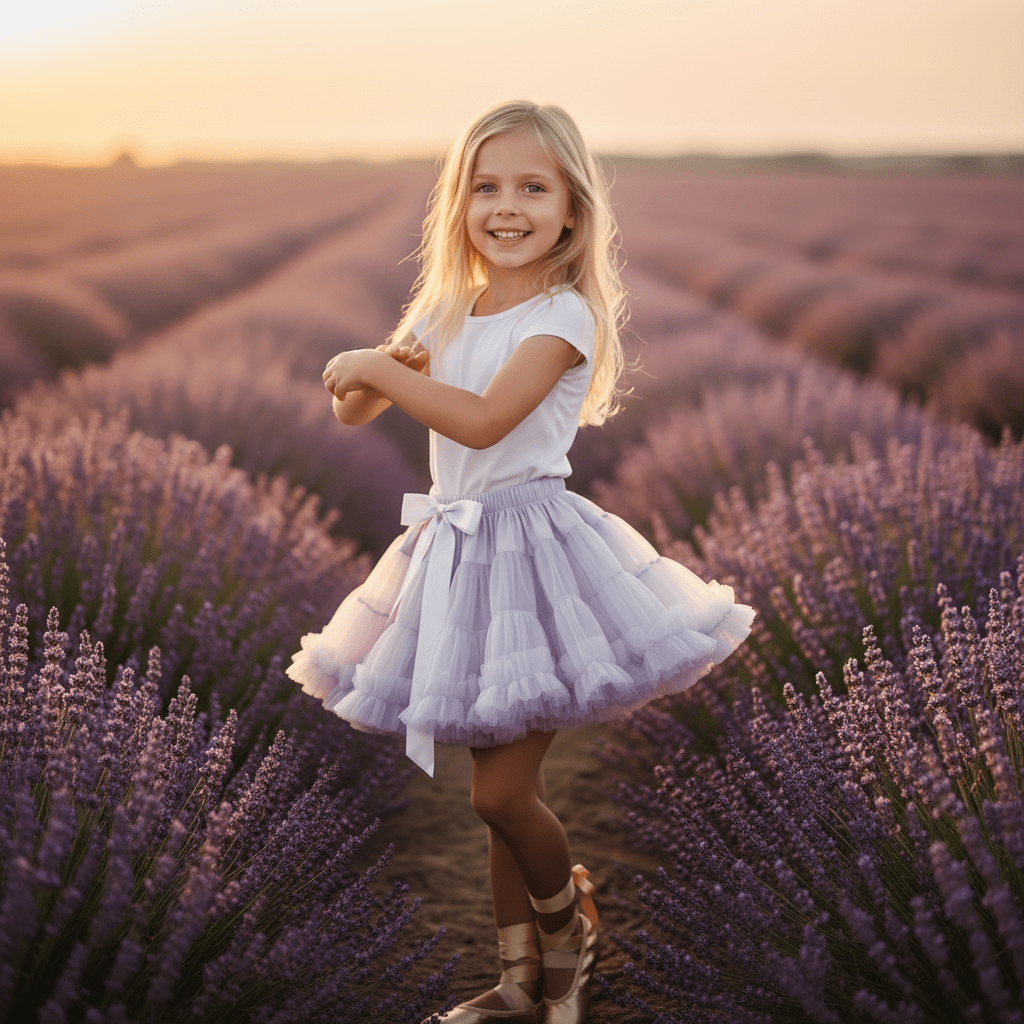 Young girl in a white dress standing in a lavender field at sunset