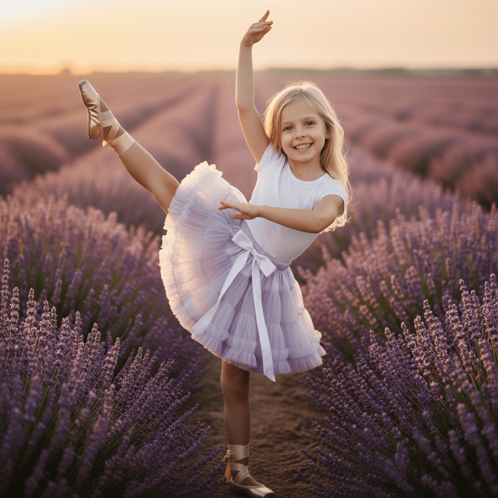 Young girl in a ballet outfit posing in a lavender field at sunset