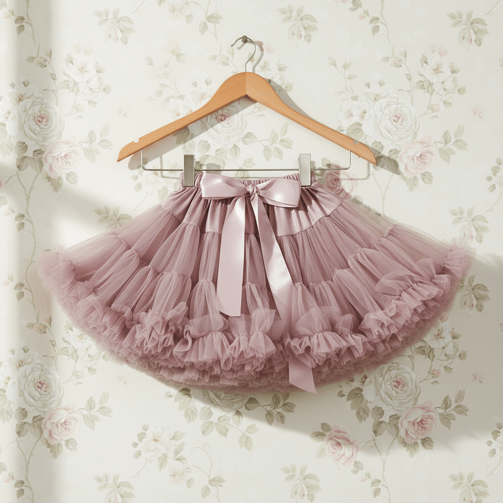 Pink tutu skirt on a hanger against a floral wallpaper background