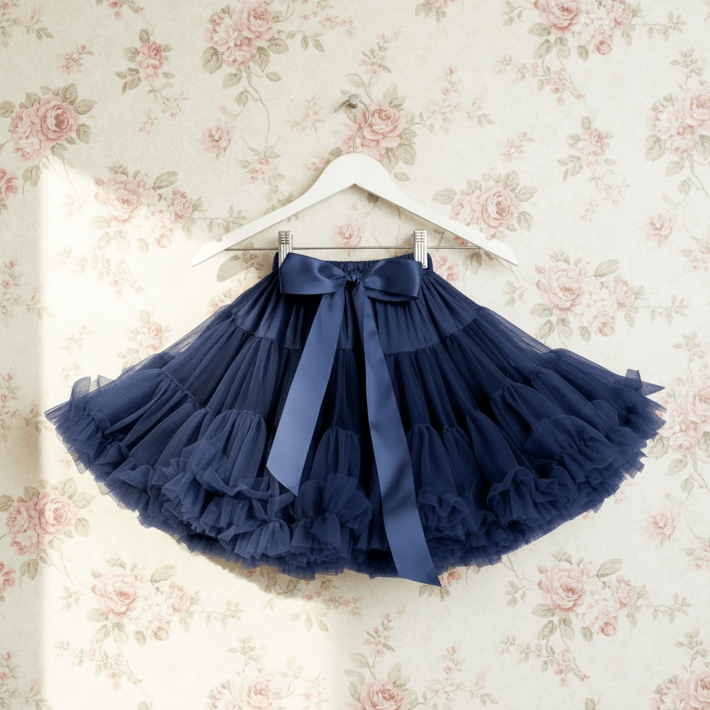 Navy blue tutu skirt with a bow on a floral wallpaper background