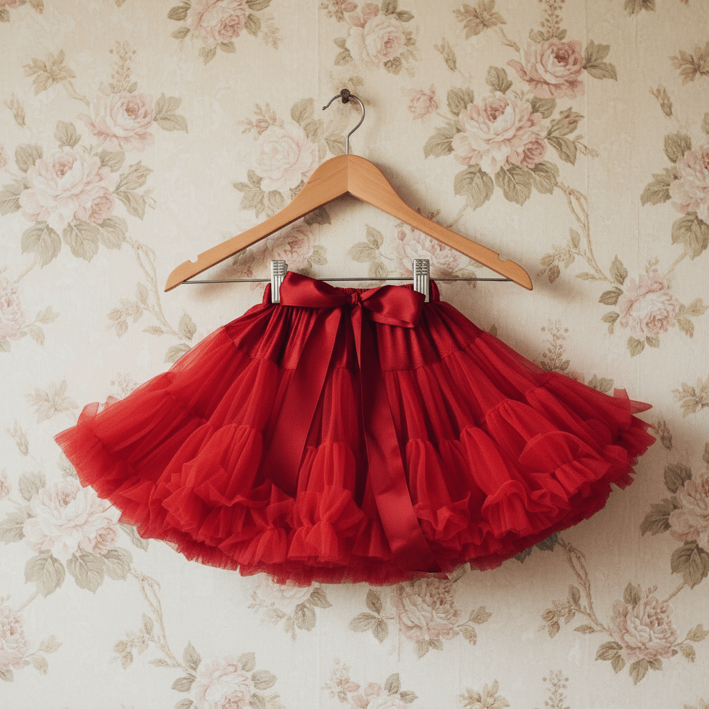 Red tutu skirt on a wooden hanger against a floral wallpaper background