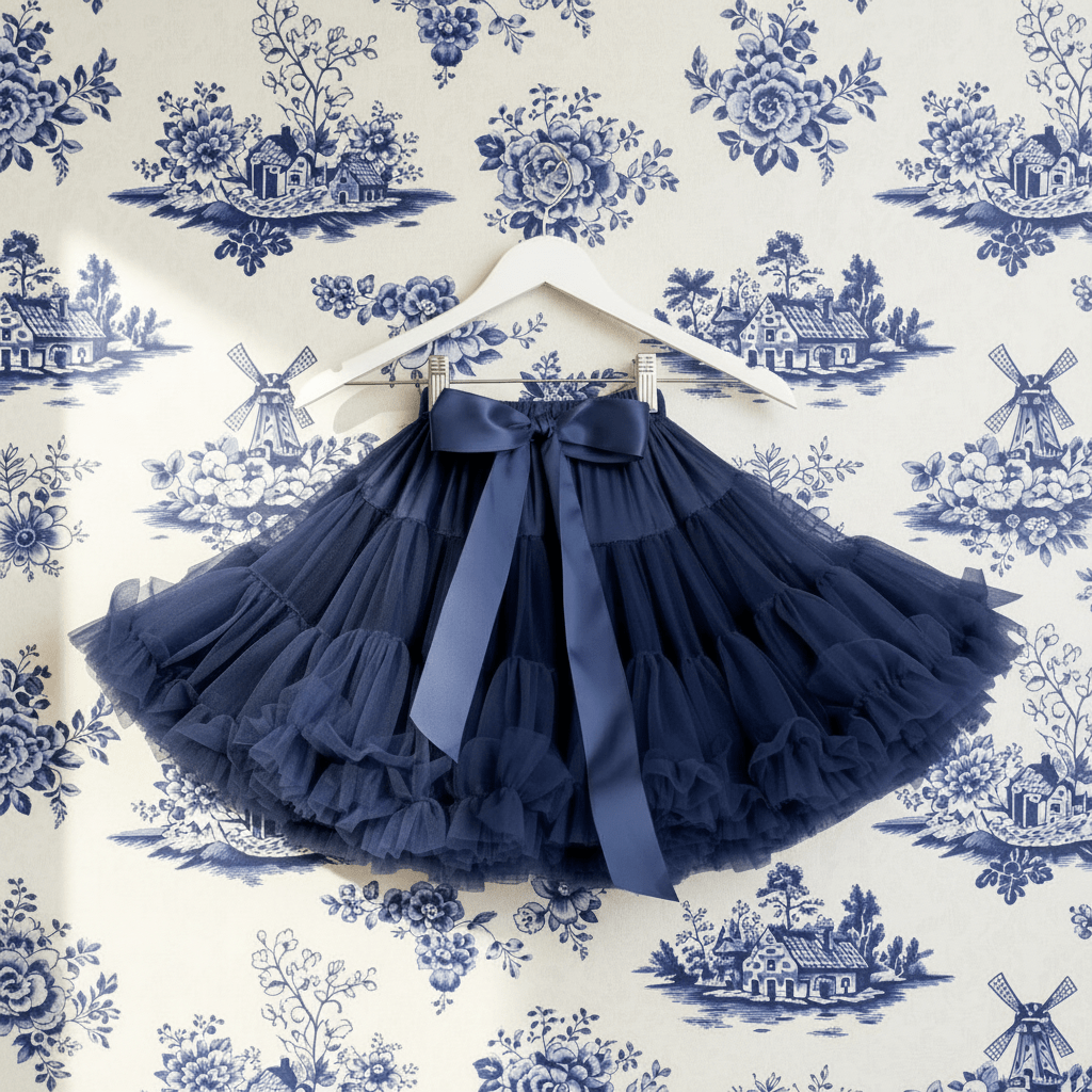 Navy blue tutu skirt with a large bow on a hanger against a floral wallpaper background