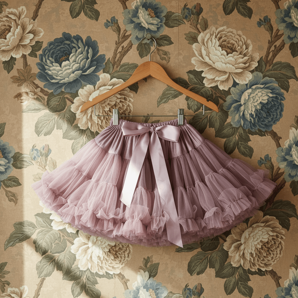 Pink ruffled skirt with a bow on a hanger against a floral wallpaper background