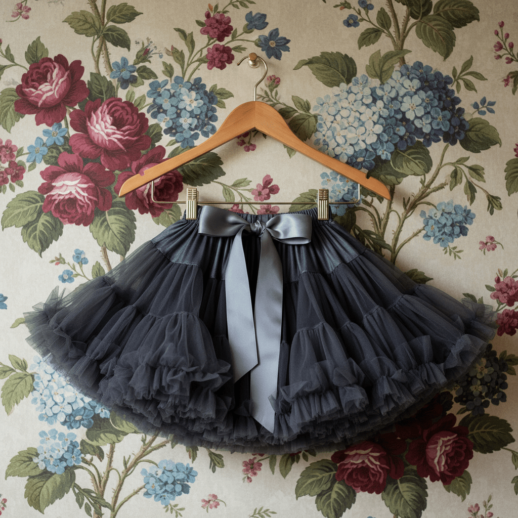 Black tulle skirt with a bow on a wooden hanger against a floral wallpaper background